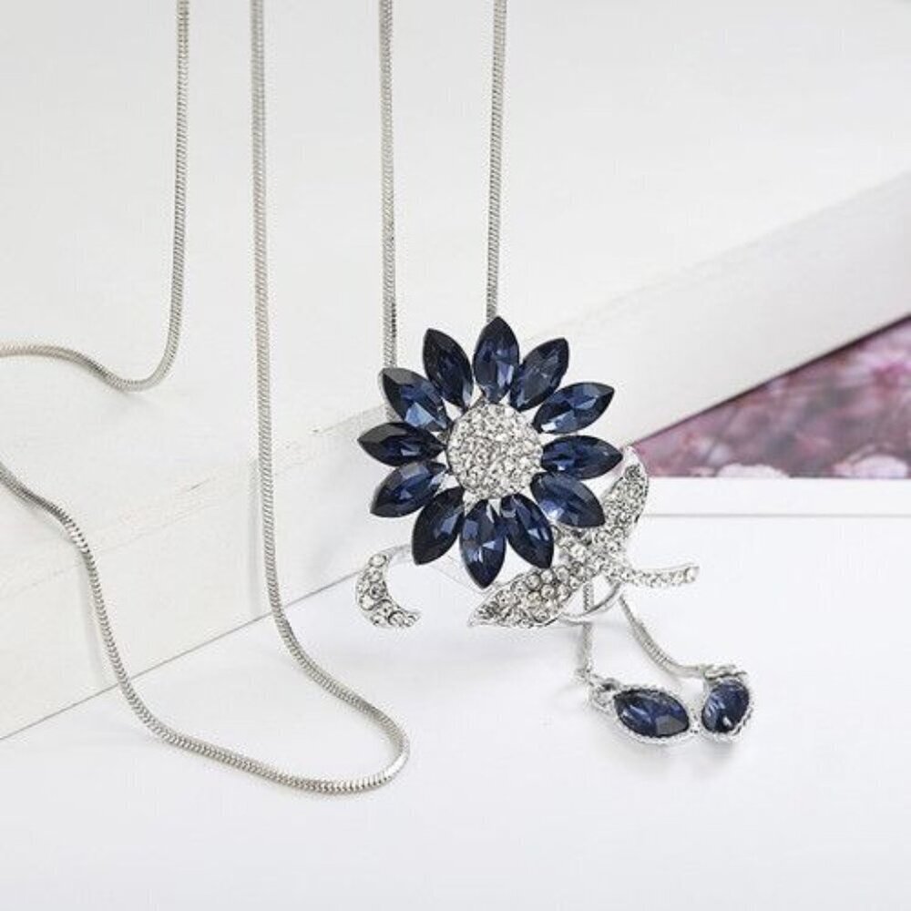 Bling Queen CZ Simulated Sapphire Sunflower Sliding Pendant Necklace - Picture 5 of 9